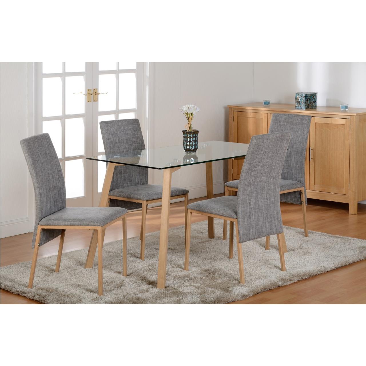 Glass Top Dining Table with 4 Grey Upholstered Chairs - Morton ... Glass Top Dining Table with 4 Grey Upholstered Chairs - Morton ...