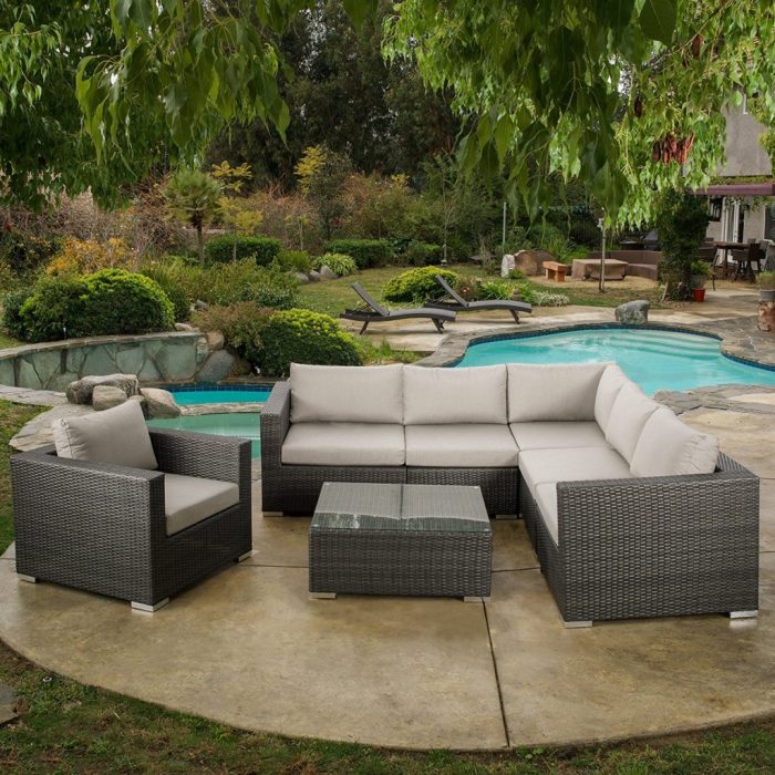 Francisco Outdoor 7-Piece Grey Wicker Seating Sectional Set with ... Outdoor patio furniture set with weatherproof cushions