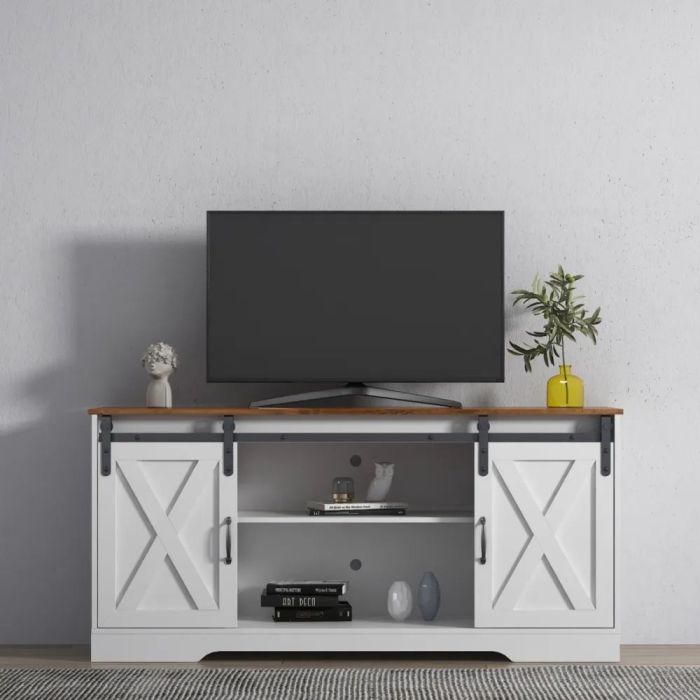 Amazon.com: Farmhouse TV Stand with Sliding Barn Doors and Adjustable ... Farmhouse TV stand furniture with sliding barn doors